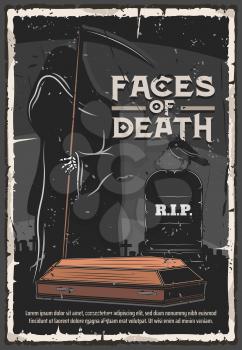 Funeral service, burial ceremony organization agency or company vintage poster. Vector death in black gown with scythe at cemetery tombstone with funeral Rest in Peace RIP text and coffin