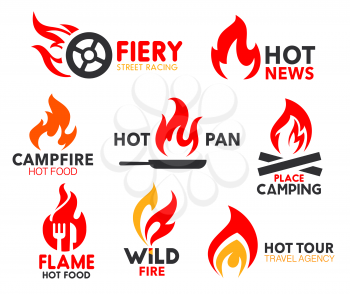 Fire flame icons, burning hot heat. Vector corporate identity signs of spicy cuisine and sizzling fire on pan, fiery street racing and hot news, camping tour bonfire and travel agency
