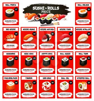 Sushi bar price menu, Japanese food and Asian seafood. Vector Japanese sushi and maki rolls restaurant delivery and takeaway menu of salmon rolls, nigiri and hosomaki sushi with tuna, scallop and eel