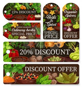Cooking spices, seasonings and herbs, farm shop discount tags. Vector special price offer for organic garlic, pepper and basil, wasabi and paprika spices, herbal condiments and culinary ingredients