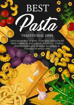 Italian pasta traditional dish cooking, premium restaurant menu. Vector Italy cuisine homemade pasta canneloni, lasagna with tomato and basil, spaghetti or fettuccine with arugula and gobeti rigati