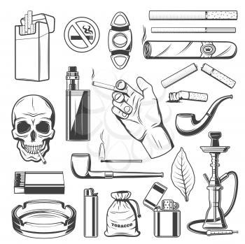 Cigars, cigarettes and premium quality tobacco products, smoking accessories. Vector skull with cigarette and stop smoking sign, vape tobacco cartridge and lighter with cigar cutter, shisha and hookah