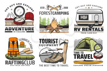 Outdoor adventure and travel hobby icons. Vector river rafting club badge, forest camping and mountain hiking tours, summer travel recreation vehicle rental company sign and tourist camping equipment