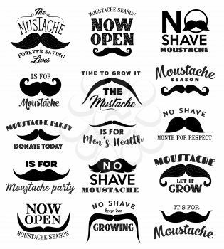 No shave November beard and moustache vector icons of prostate and testicular cancer awareness month. Retro mustaches with bushy hair and curved tips, men health themes