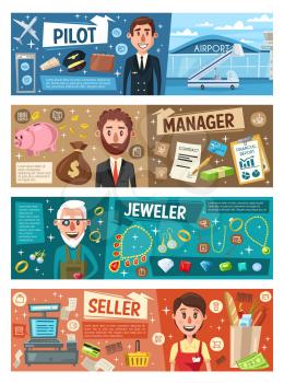 Store seller and business manager, jeweler and business manager professions banners. Vector cartoon aviation plane in airport, gemstones and jewels, supermarket shopping cart, money and contracts