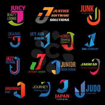 Letter J icons, business corporate identity. Vector J symbol, jazz music festival and dance school or judo sport center, fishing journey club or air academy and sewing company or jewelry technology