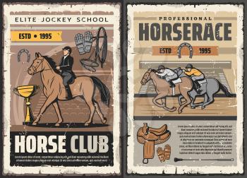 Horserace sport and equestrian races club vintage posters. Vector elite jockey and polo game riders school, hippodrome equine riding championship and tournament on racecourse arena