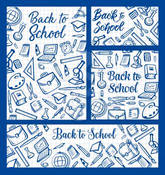 Back to School education and study supplies pattern on checkered notepad background. Vector Back to School student bag, biology microscope or computer laptop and geography globe or math calculator