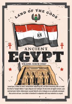 Ancient Egypt travel company vintage poster, Egyptian historic sightseeing and landmark tours. Vector Egypt flag and coat of arms crest, Pharaoh pyramid and ancient signs, culture and history museum