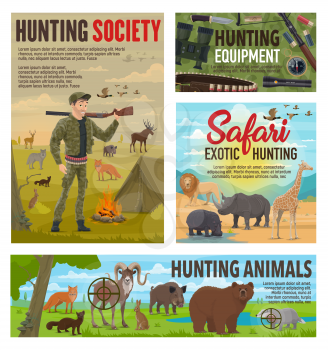 Wild animals hunting and African safari hunt, hunter ammo equipment. Vector hunter in camouflage with rifle gun and bullet cartridge belt on hunting for lion, elephant or rhinoceros, bear and elk