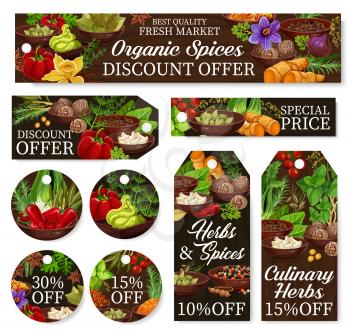 Cooking spices store discount labels, herbs and herbal seasonings shop promo offer price tags. Vector organic garlic, pepper and basil, farm onion and tomato, pepper and horseradish spicy condiments