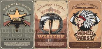 Wild west crossed guns, tomahawk and rope, native indian vector. Retro american weapon, hatchet and lasso. Sheriff star, police department and cowboy saloon, western legends and history
