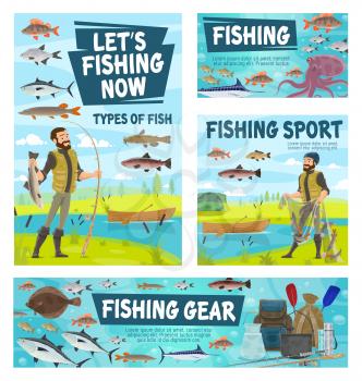 Fishing gear and fisherman, fisher tackles and kinds of fish. Vector boat in river, man with rod and caught trout, seafood octopus, salmon and carp. Fishing sport equipment, rucksack and paddles