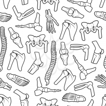 Bones and joints monochrome seamless pattern. Vector human spine pelvis, shoulder scapula, wrist with fingers and foot ankle. Orthopedic background, anatomical body parts, rheumatology medicine