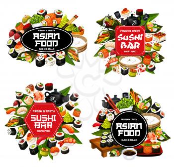 Isolated sushi and roll food, Japanese cuisine meal. Vector maki and temaki, sashimi and ikura, kappa and tobiko. Chopsticks, ginger and wasabi, seafood with rice, boards and bowl with soy sauce