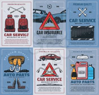 Car repair service and spare parts, vector. Vehicles insurance and emergency tools, seats and spare parts. Accidents on road, cleaning sprayers and antifreeze, radiator and spanners or wrenches