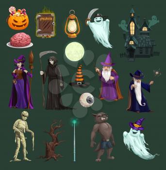 Halloween vector icons with pumpkin, ghost and bat, horror witch, hat and trick or treat candy, autumn holiday design. Death skeleton skull, moon and mummy, haunted house, werewolf and wizard