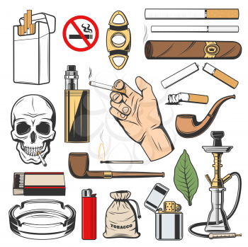 Smoking symbols, isolated harmful habit accessories. Vector tobacco icons, cigarettes pack and cigar, hookah or shisha. Vape and pipe, matches and lighter, ashtray, death skull, no tobacco sign