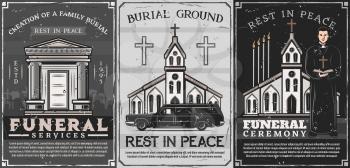 Funeral and burial service, family crypt, catholic church and priest in vector. Burial ceremony arrangement, clergyman in cassock, hearse. Chapel with crematorium, cemetery graveyard and tomb