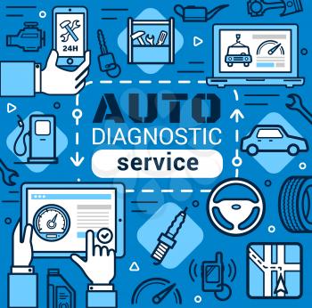 Car diagnostic service, line art vector. Car repair, mechanic maintenance. Navigation and petrol station, computer diagnostic and tire fitting, plumping and oil change at garage station