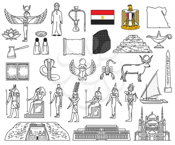 Egypt ancient gods and religion symbol icons. Vector deities, Anubis, Ankh, Horus eye, flag and Sphinx. Pharaoh pyramids, Karnak Temple, Deir el-Bahari, Abu Simbel, Mosque of Ibn Tulun