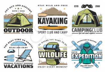 Hiking, camping and kayaking, outdoor adventure and expeditions sport icons. Vector diving on family vacations, wildlife recreation and tourism equipment. Tent, rucksack and sportswear