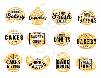 Bakery and confectionery food, lettering symbols. Vector pretzel and cupcake, donut and cakes, baking and bakehouse badge. Sweet shop, croissant and bun, patisserie pastry desserts