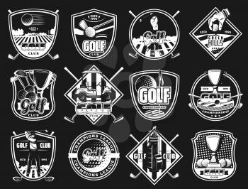 Golf sport club monochrome isolated icons and badges. Vector golfing court, ball and stick, player and sporting equipment. Tee course and cup award, golf cart, championship heraldry symbols on black