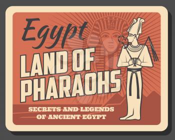 Egypt pharaohs Tutankhamun, retro vector style. Egyptian god with pectoral belonging in long robe. Tutankhamuns death mask, legendary pyramids and secrets of ancient civilization, travel to Egypt
