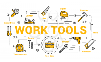 Work tools isolated icons. Vector jointer and saw, jigsaw and hammer, nails, hacksaw, wrench and tool case, tape measure and screwdriver. Carpentry and woodwork instruments, DIY toolkit
