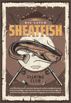 Sheatfish, crossed rods and tackles vector. Large freshwater fish with whiskerlike barbels, fishery equipment, spinning and bobber, lake and mountains. Catch big catfish fishing sport