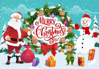 Merry Christmas greeting, Santa Claus and snowman, elf helper. Vector fir or spruce branches with cone, bow and gingerbread cookie, lantern. Presents sack and gift boxes, Xmas tree decorations
