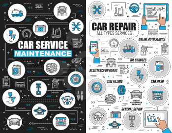 Car repair and maintenance outline vector icons. Service of oil change, assistance on roads, tire fitting, vehicles wash. General car renovation, wheel, speedometer, wrenches and fuel