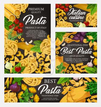 Pasta cuisine dish with greens and vegetables. Vector Italian pasta with spices, spaghetti and penne, macaroni and farfalle, fusilli. Homemade food of dough, fettuccine and gnocchi, orzo