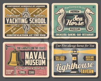 Marine adventure, yachting school, beach club, naval museum and lighthouse tavern. Vector nautical sport club, maritime transport, gold deck bell and sea relics