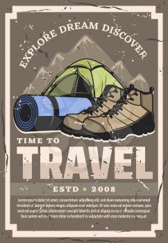 Time to travel and expedition, retro vector design. Touristic tent, hiking boots and sporting mat with straps to backpacking. Mountains and sport equipment, sneakers shoes and canopy temporary home
