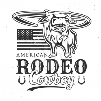 American rodeo and cowboy buffalo with USA flag. Vector T-shirt print design, bucking bull with horns, wild west advertisement. Horseshoes and lettering