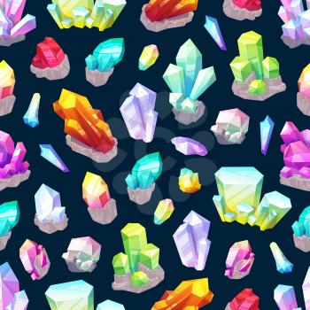 Crystals, gemstones and natural minerals seamless pattern. Vector cutted precious stones, sparkling diamonds. Background jewelry industry gems, garnet, emerald, amethyst and quartz, sapphire and ruby