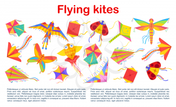 Flying kites in shape of insects, birds and fish, international Kites Day holiday. Vector wind toy, active pastime and entertainment. Ladybug, butterfly and dragonfly playing toy of paper and fabric