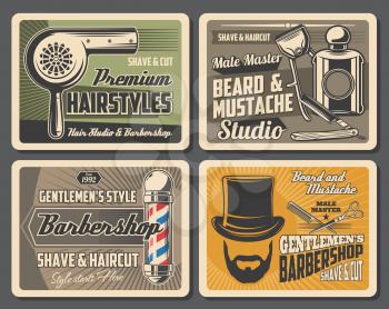 Barbershop, shave and cut service, hairstyle and haircuts, gentlemens style. Vector hair dryer, man beard and mustaches. Beauty salons, tall hat and scissors, razor and perfumes, combs