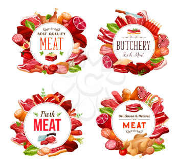 Sausages and meat, butchery frames of food. Vector beef steak, pork ham and bacon, chicken, salami and turkey leg. Ribs and gammon, mutton, lamb, smoked frankfurter, kitchen knives and greens