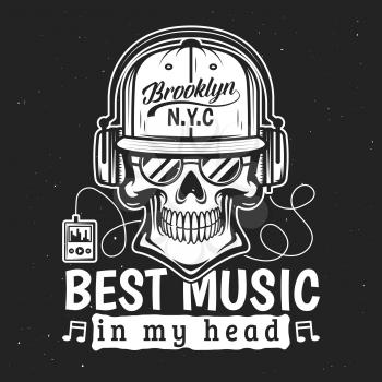 Skull in headphones listening to music. Vector t-shirt print and tattoo design, skeleton head in sunglasses and cap with lettering. Music in my head, player and earphones