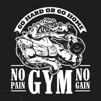Crocodile bodybuilder with dumbbell, sport gym advertisement, monochrome t-shirt print. Vector muscular alligator working hard Fitness or gym sport club mascot, athletic animal monster