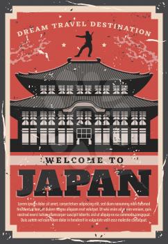 Welcome to Japan, ancient sacred pagoda building and ninja silhouette skilled in ninjutsu on roof. Vector Japanese traditional temple, retro card of pagoda with curved roofs, travel theme