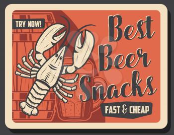 Lobster crayfish and beer drink, vector. Silhouettes of wooden barrel with beer and mug of alcohol frosty drink. Ocean crustacean seafood