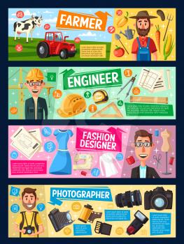 Professions farmer and engineer, fashion designer, photographer. Vector agronomist and constructor, tailor and journalist workers. Farming agriculture, building tools and cloth design, photo cameras