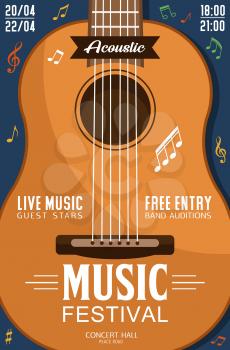 Music festival invitation, closeup of acoustic guitar, live music concert. Vector stringed instrument and bands audition, play on professional guitar. Ethnic music concert, note signs and party date