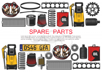 Spare parts, car accessories. Vector high-pressure cleaner, air filter and vehicle number plate, motor oil, engine belt. Wiper blade and start battery cable, bearings and drive belts, tuning