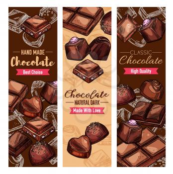 Chocolate candies, handmade desserts. Vector confectionery, cocoa sweets of dark chocolate with nuts and caramel. Choco treats, natural black chocolate of heart and square shape, comfit snacks
