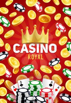 Royal casino, vector gambling games, poker playing cards and blackjack chips, golden crown and golden coins. Gaming entertainment, leisure